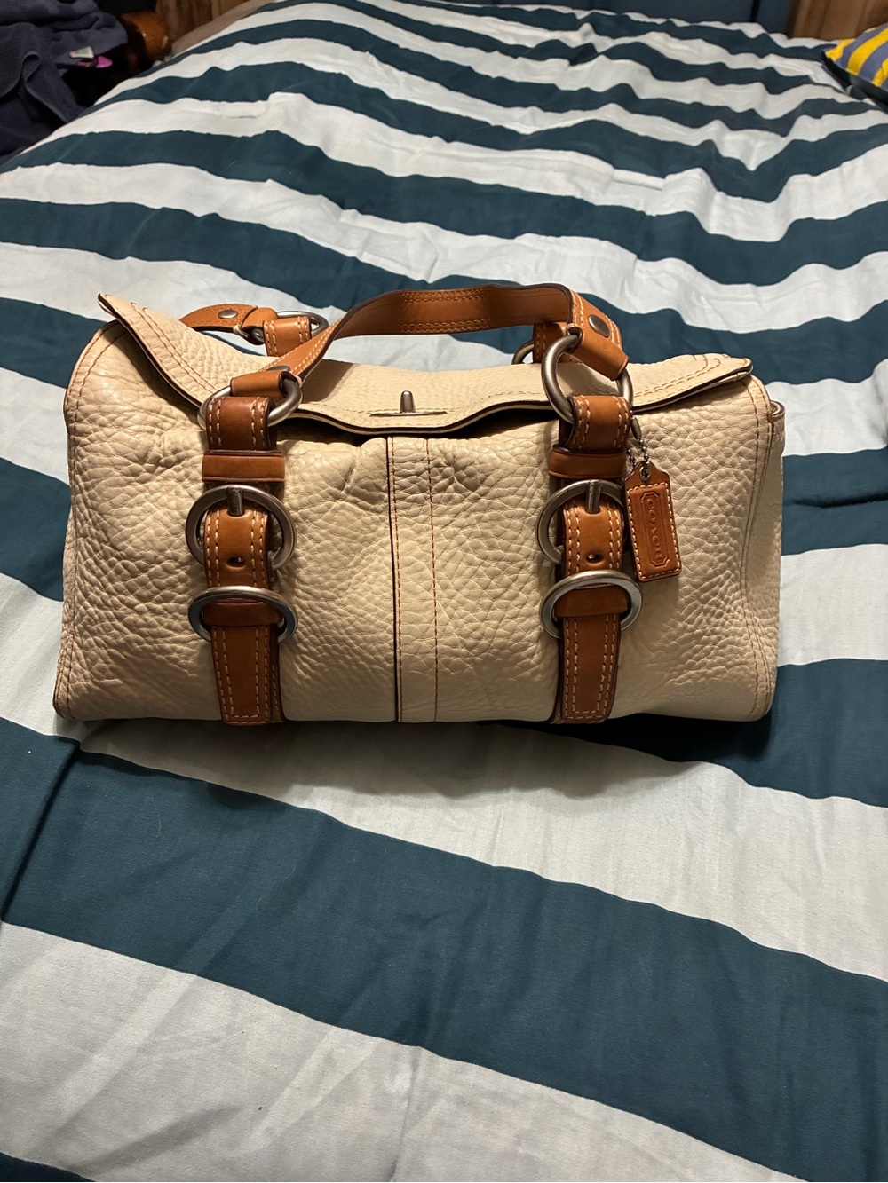 Coach Cream Leather Barrel Bag with Tan Trim